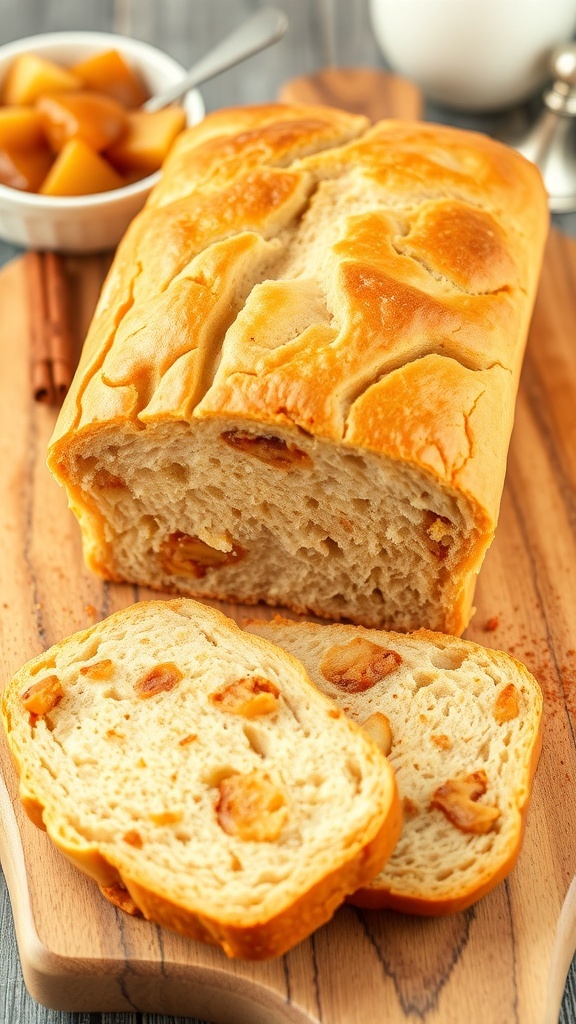 A loaf of apple pie filling bread sliced to show moist interior with apple chunks, on a wooden board with apple pie filling.